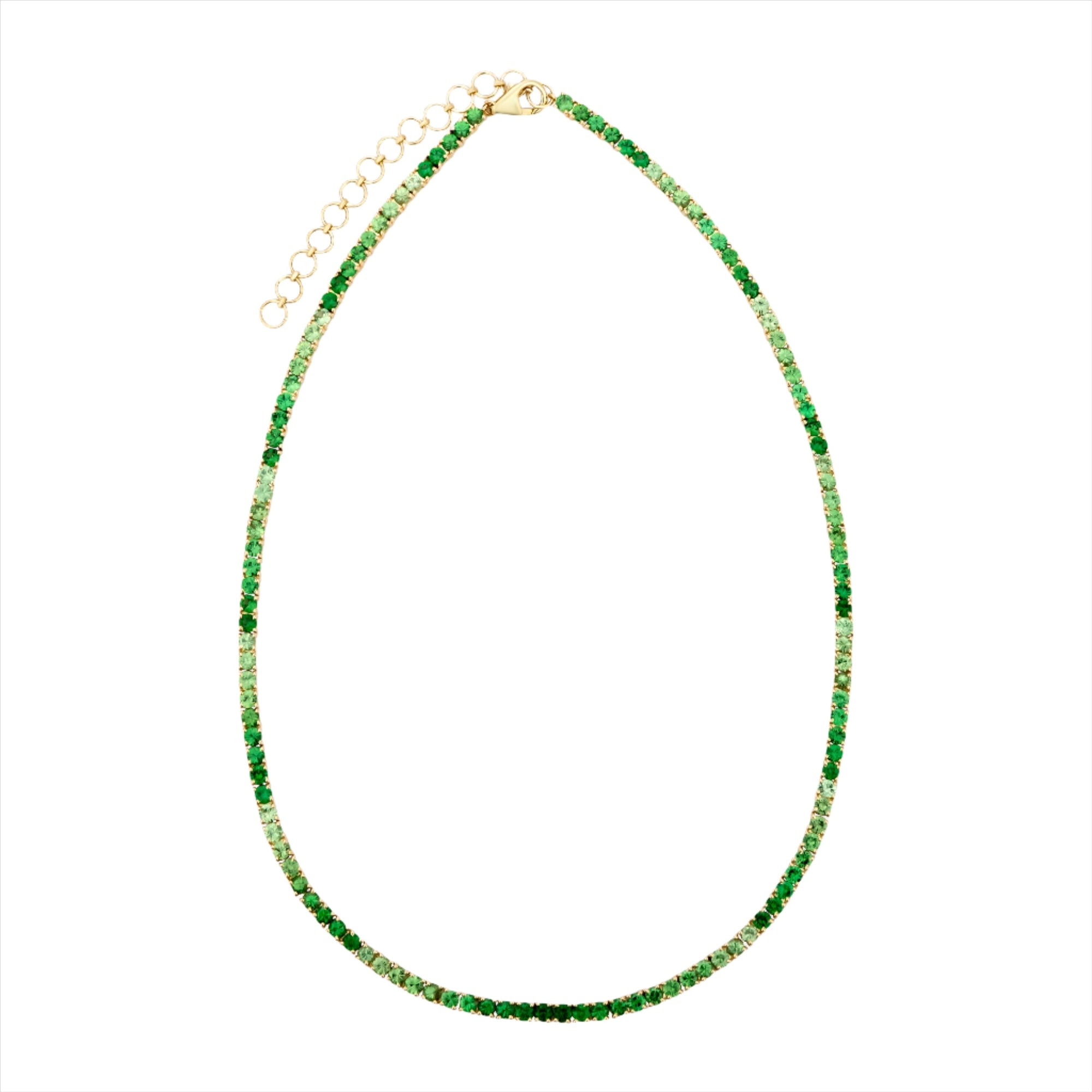 Adjustable ombre tsavorite garnet tennis necklace featuring 22.37ct of vibrant green gemstones, elegantly set in yellow gold with a length range of 40cm to 46cm for a customizable fit.