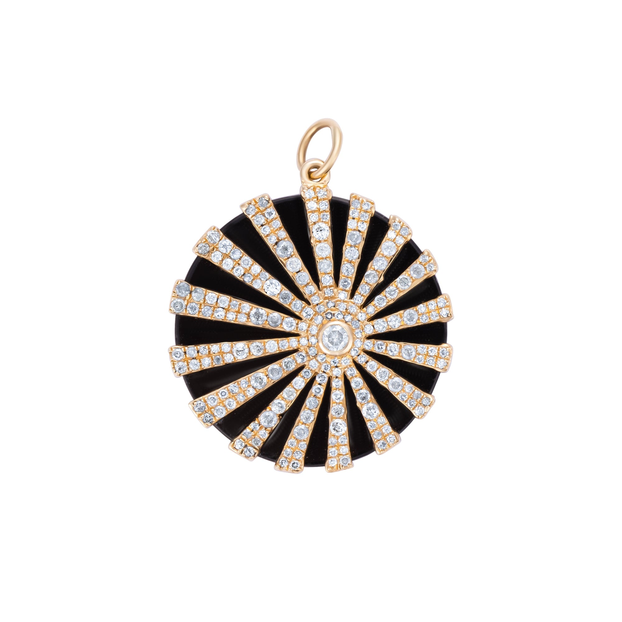 Refined 14K yellow gold charm featuring a hand-carved onyx disc adorned with 1.13ct pavé-set diamonds, creating a striking contrast of sleek black onyx and radiant sparkle.