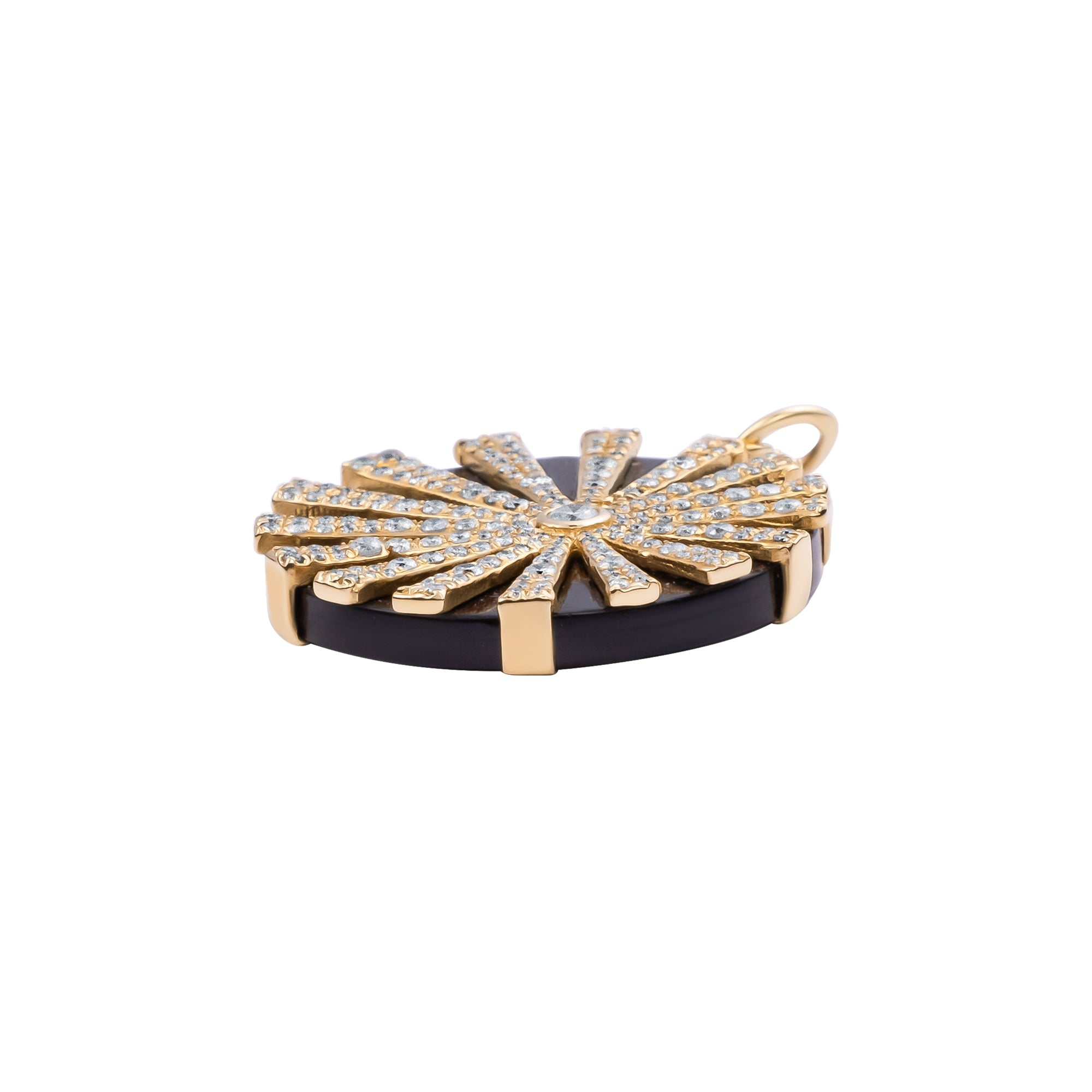 Refined 14K yellow gold charm featuring a hand-carved onyx disc adorned with 1.13ct pavé-set diamonds, creating a striking contrast of sleek black onyx and radiant sparkle.