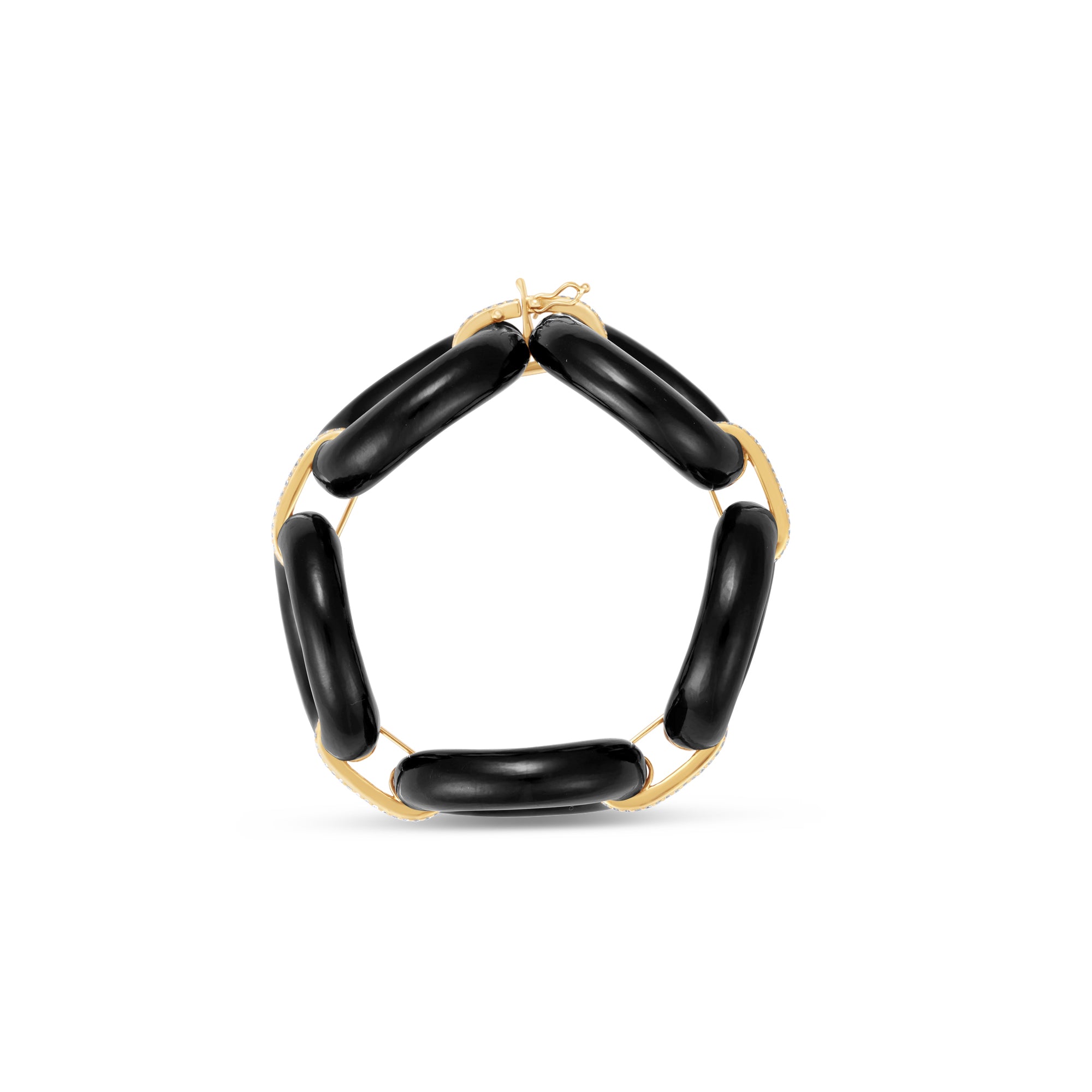 Bold and sophisticated chain link bracelet featuring sleek jet-black onyx links paired with shimmering pavé diamonds, crafted in yellow gold for a luxurious and versatile design that transitions effortlessly from day to night. Top down, side view.