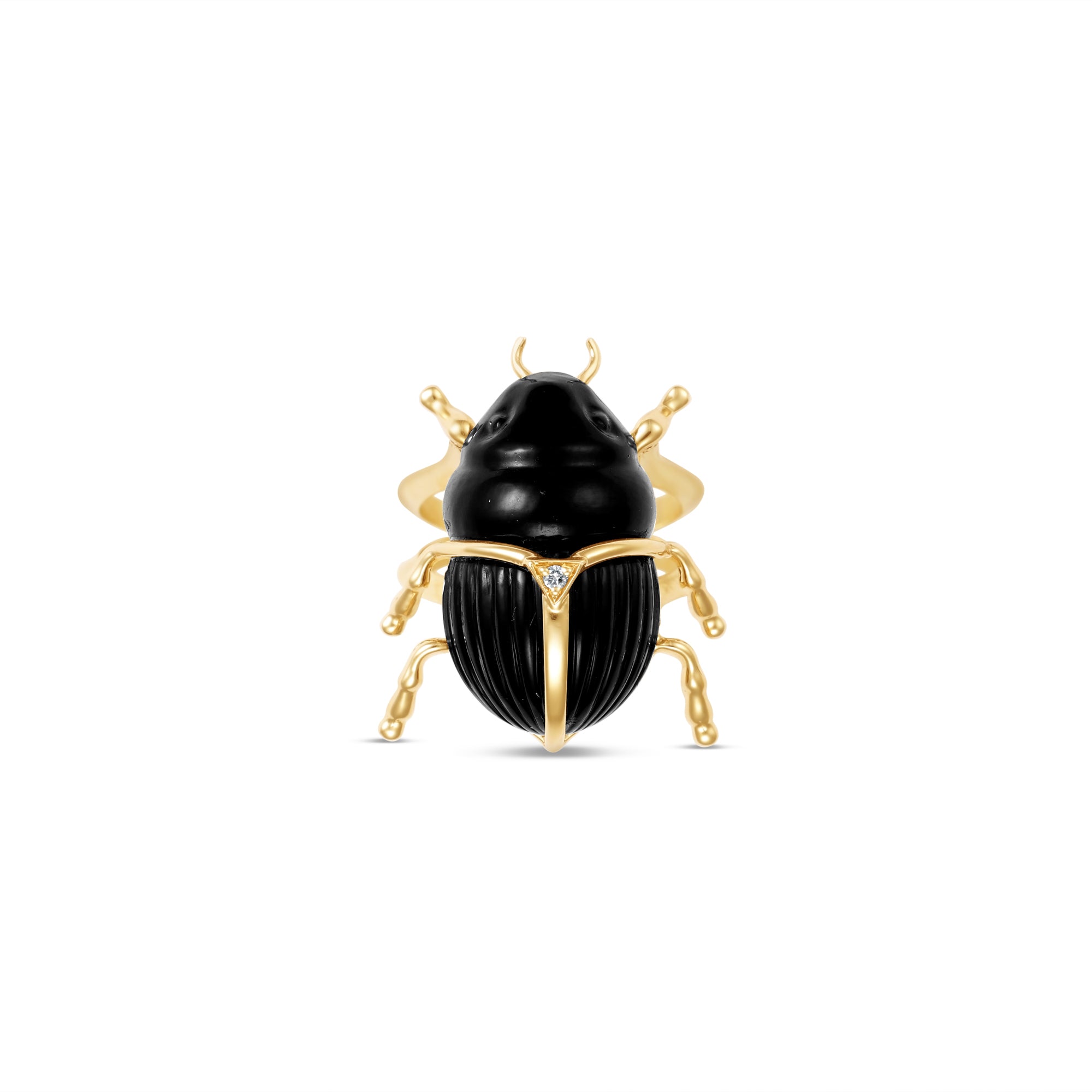Onyx Scarab Ring front facing with diamond 