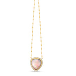 Exquisite 14K yellow gold necklace featuring an 18.67ct natural Ethiopian trillion-shaped opal, encircled by a 1.06ct diamond halo, blending timeless elegance with artistic allure. Close up. 