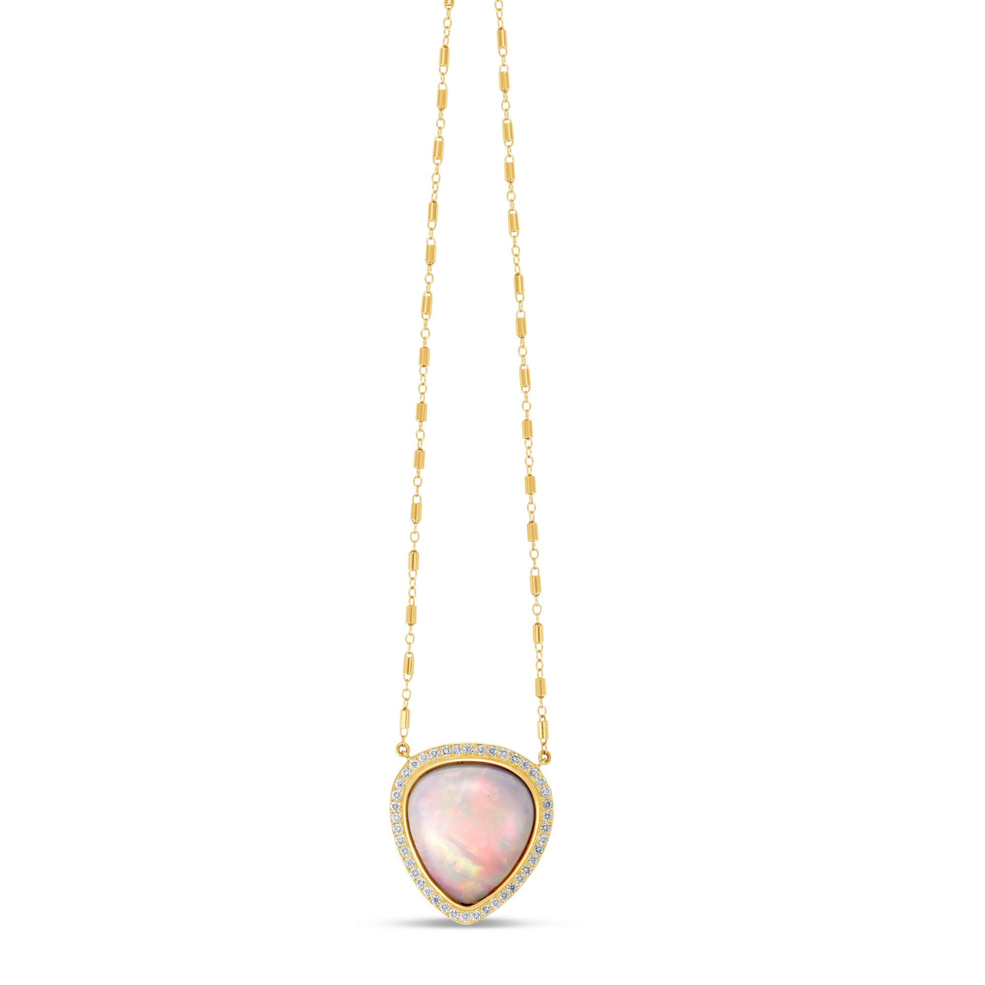 Exquisite 14K yellow gold necklace featuring an 18.67ct natural Ethiopian trillion-shaped opal, encircled by a 1.06ct diamond halo, blending timeless elegance with artistic allure. Close up. 