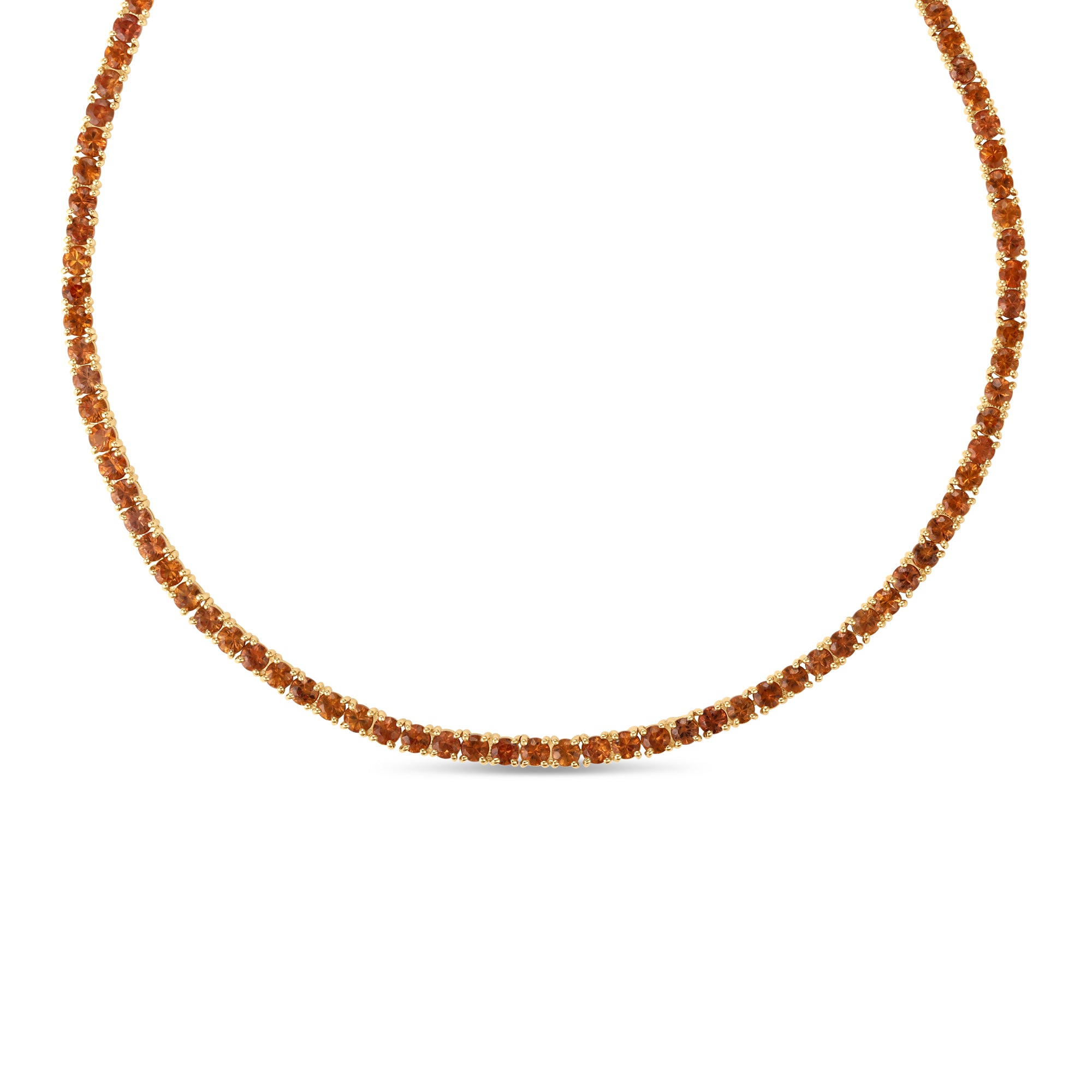 Elegant 14K yellow gold tennis necklace featuring a stunning array of vibrant orange sapphires, highlighting their radiant beauty with exceptional craftsmanship and bold sophistication.