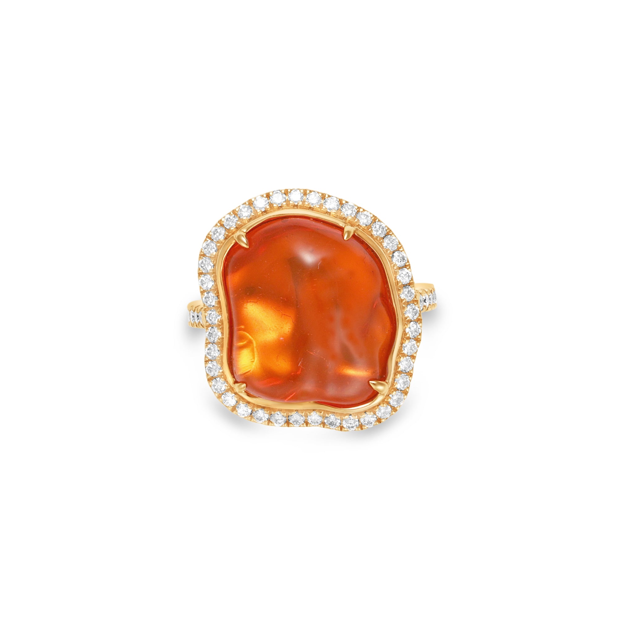 Captivating 18K rose gold ring featuring a glowing 6.21ct organic fire opal cabochon, encircled by a shimmering 0.51ct diamond halo for a radiant and enchanting statement piece. Close up detail.