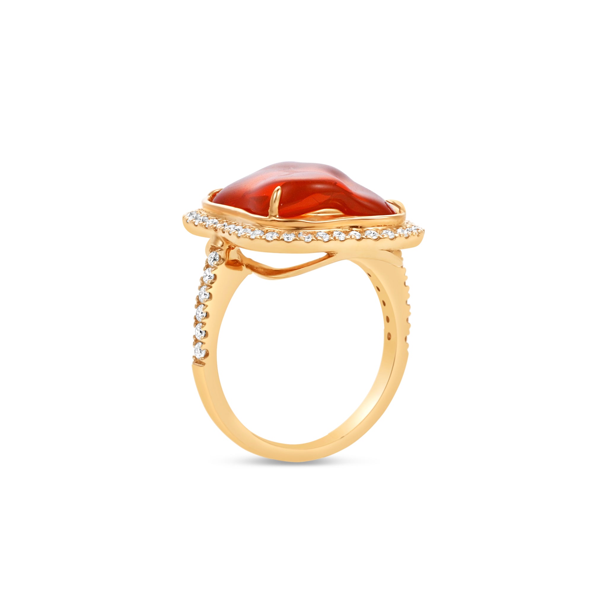 Captivating 18K rose gold ring featuring a glowing 6.21ct organic fire opal cabochon, encircled by a shimmering 0.51ct diamond halo for a radiant and enchanting statement piece. Side view. 