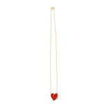 Captivating 18K rose gold pendant necklace featuring a free-form organic fire opal with vibrant red hues, accented by sparkling diamond prongs for a one-of-a-kind elegant masterpiece. Full view. 