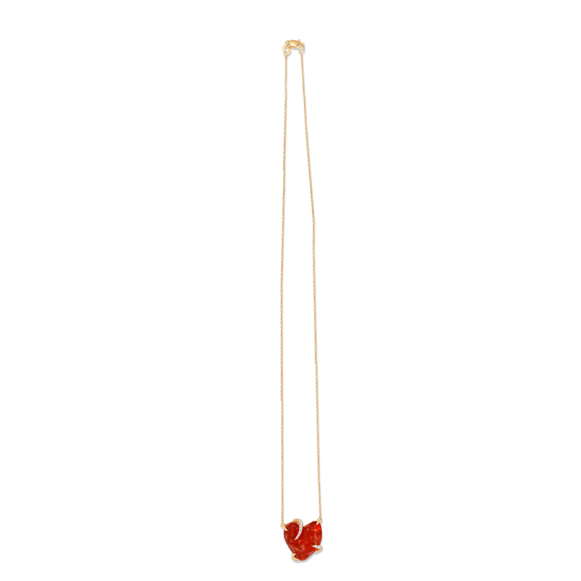 Captivating 18K rose gold pendant necklace featuring a free-form organic fire opal with vibrant red hues, accented by sparkling diamond prongs for a one-of-a-kind elegant masterpiece. Full view. 