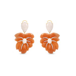 Palm Frond Earrings in 18K Yellow Gold with Hand-Carved White Coral, Orange Aventurine, and Diamonds