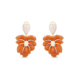 Palm Frond Earrings in 18K Yellow Gold with Hand-Carved White Coral, Orange Aventurine, and Diamonds