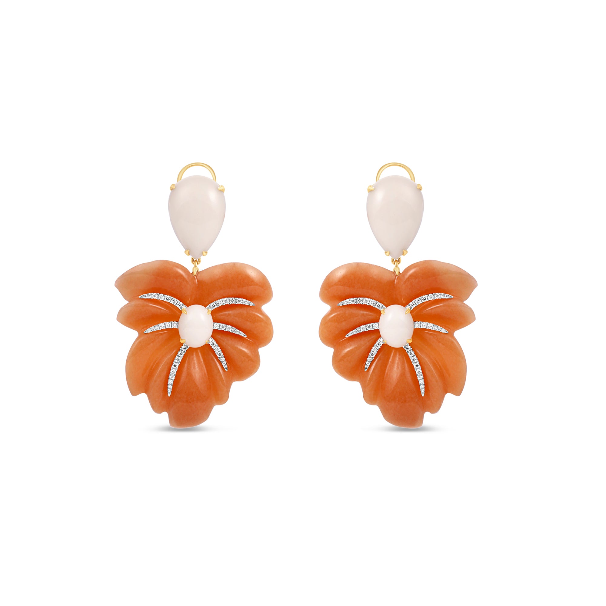 Palm Frond Earrings in 18K Yellow Gold with Hand-Carved White Coral, Orange Aventurine, and Diamonds
