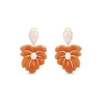 Palm Frond Earrings in 18K Yellow Gold with Hand-Carved White Coral, Orange Aventurine, and Diamonds