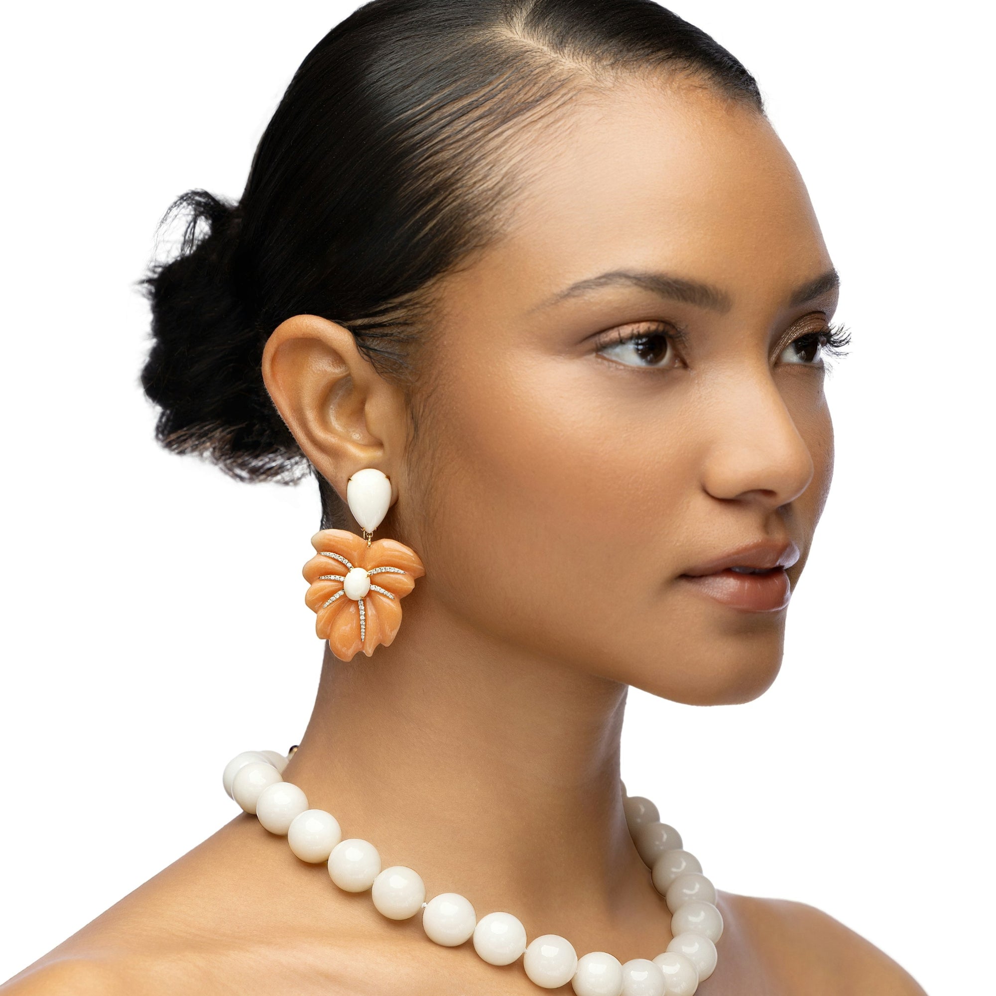 Palm Frond Earrings in 18K Yellow Gold with Hand-Carved White Coral, Orange Aventurine, and Diamonds
