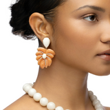 Palm Frond Earrings in 18K Yellow Gold with Hand-Carved White Coral, Orange Aventurine, and Diamonds