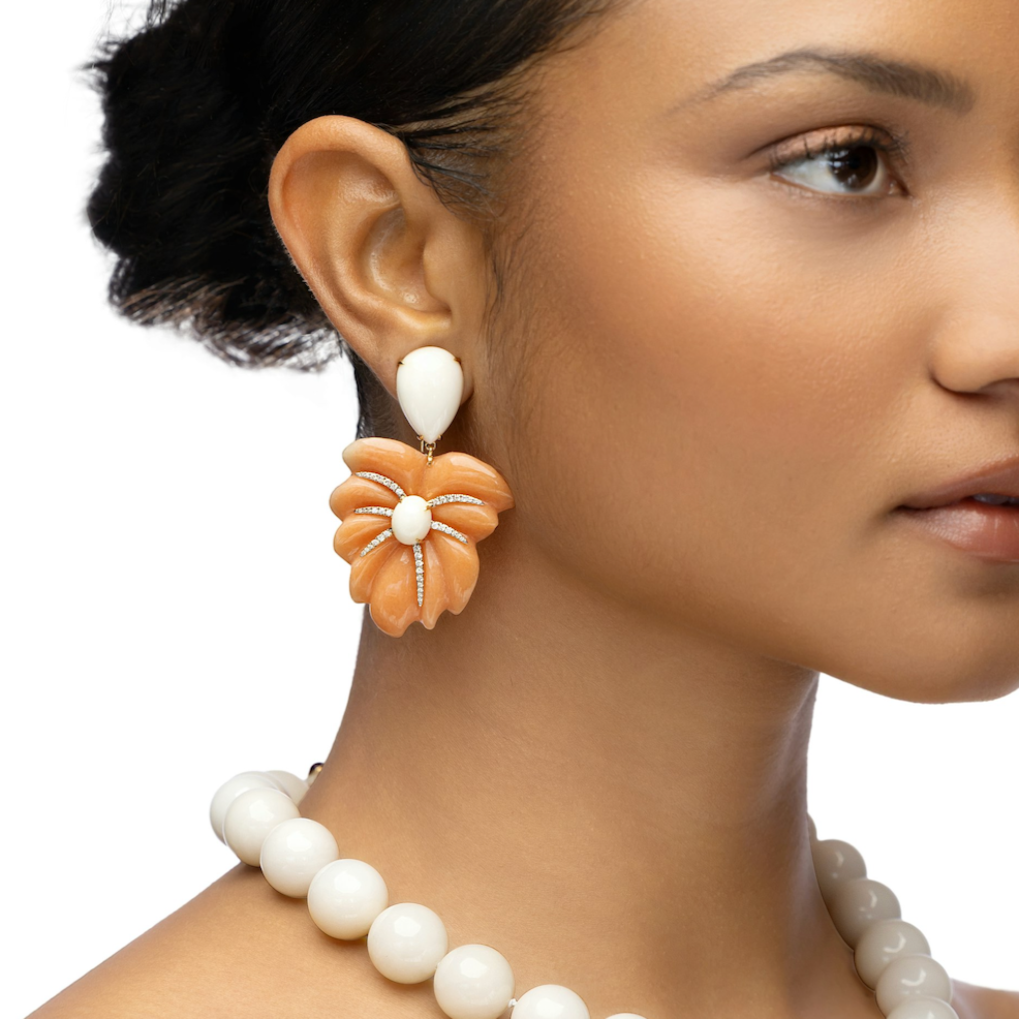 Palm Frond Earrings in 18K Yellow Gold with Hand-Carved White Coral, Orange Aventurine, and Diamonds