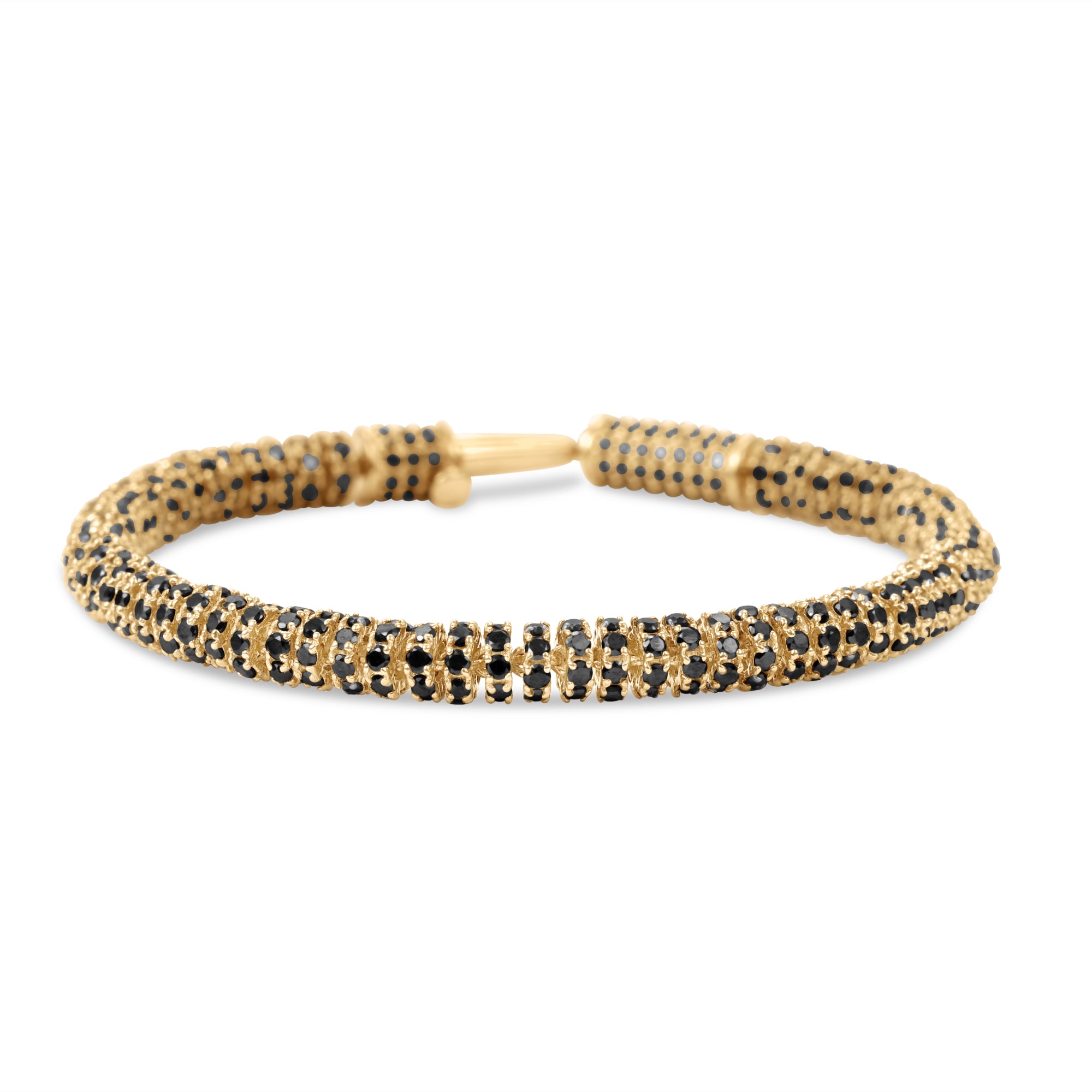 Modern slinky bracelet crafted in sleek 14K yellow Italian gold, featuring sparkling pavé black diamond rondelles for a bold and unique statement of elegance. Close up with clasp open
