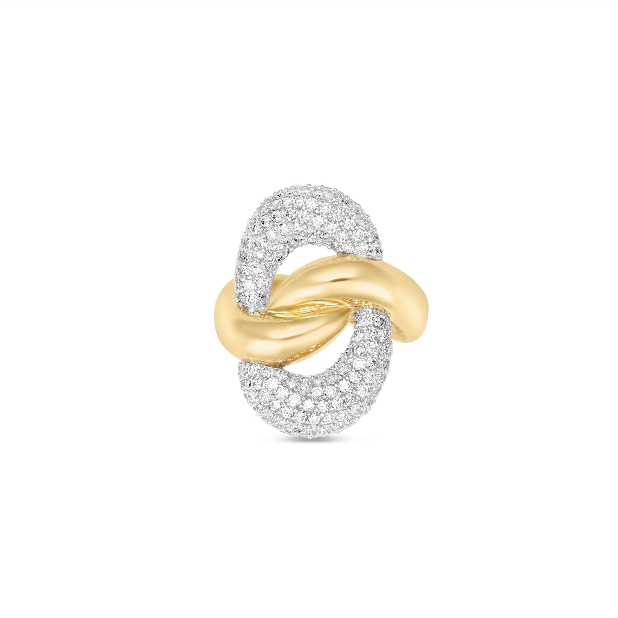 Graceful 14K yellow gold double knot ring featuring pavé diamond-adorned white gold accents, blending timeless elegance and brilliance for a sophisticated statement piece. Front, close up. 