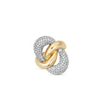 Graceful 14K yellow gold double knot ring featuring pavé diamond-adorned white gold accents, blending timeless elegance and brilliance for a sophisticated statement piece. Angled, close up. 