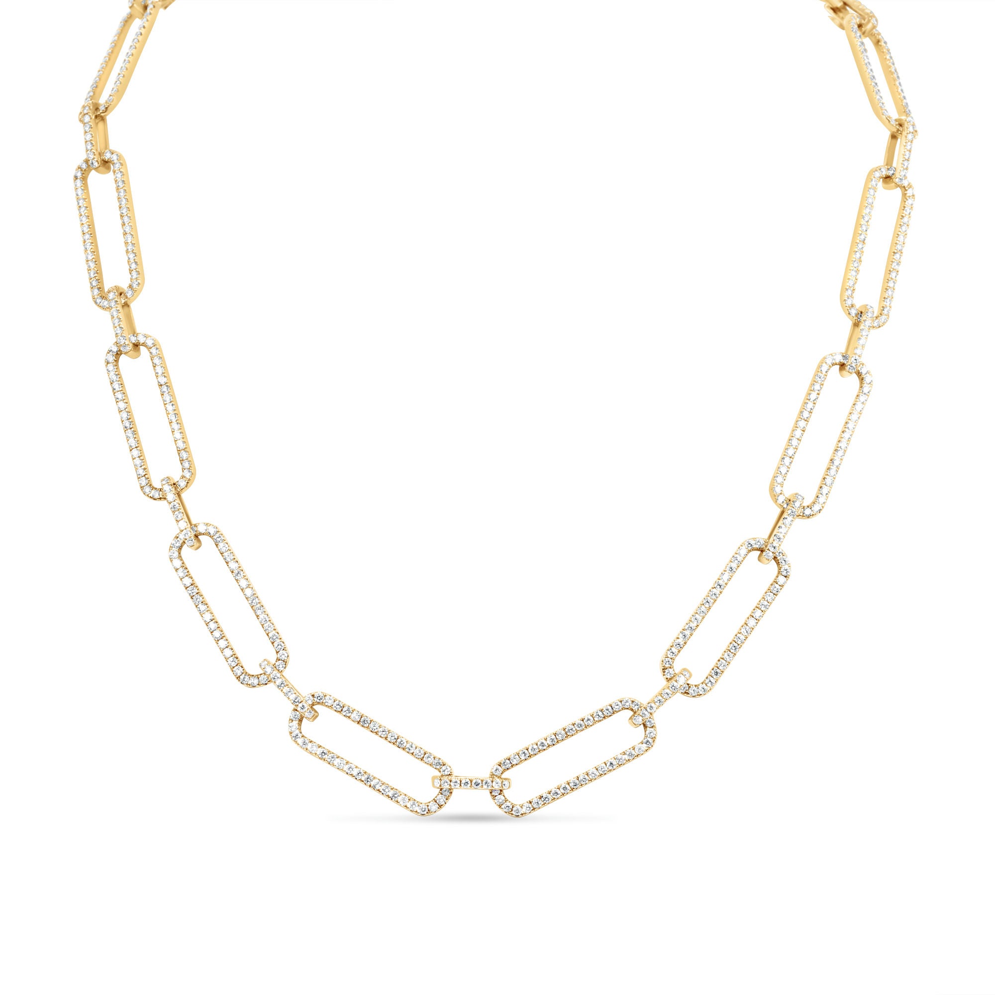 Luxurious 14K yellow gold elongated paperclip chain necklace adorned with dazzling pavé diamonds, offering a sleek and sophisticated design that effortlessly enhances any ensemble. Close up front view.