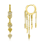 Exquisite 14K yellow gold huggie earrings featuring heart-shaped pavé diamond beads with cascading dangles, blending playful charm with luxurious elegance for a sophisticated, modern look.