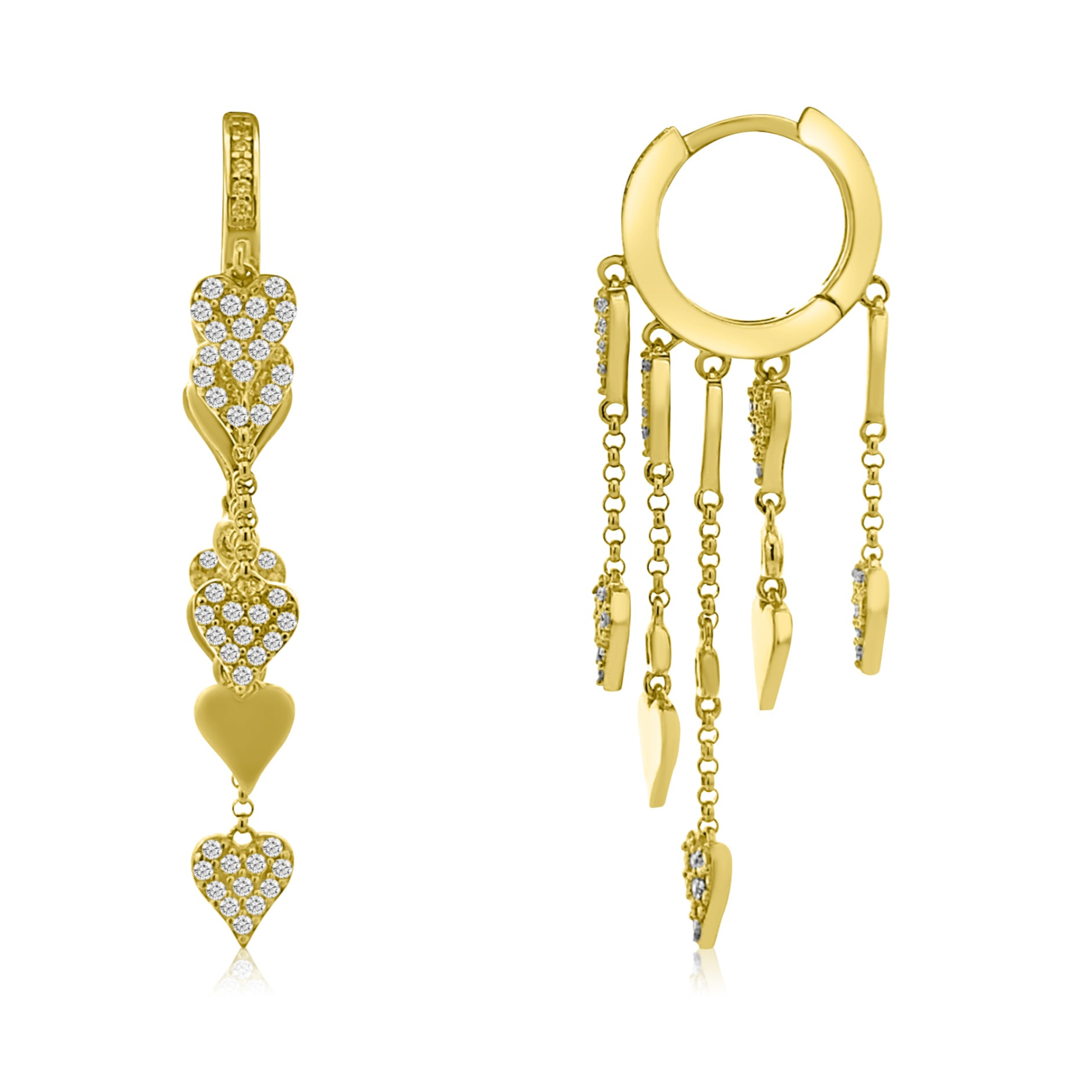 Exquisite 14K yellow gold huggie earrings featuring heart-shaped pavé diamond beads with cascading dangles, blending playful charm with luxurious elegance for a sophisticated, modern look.