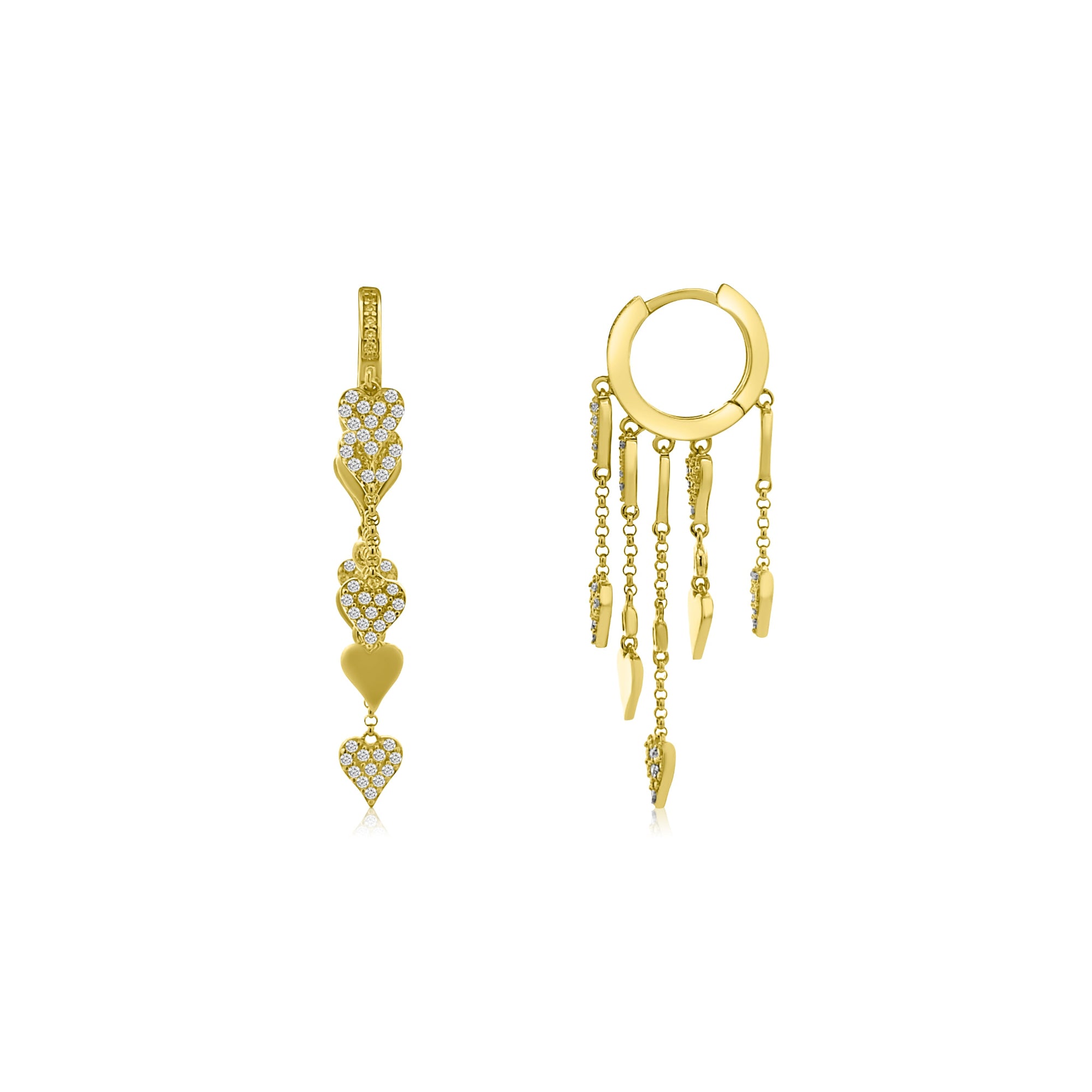 Exquisite 14K yellow gold huggie earrings featuring heart-shaped pavé diamond beads with cascading dangles, blending playful charm with luxurious elegance for a sophisticated, modern look.