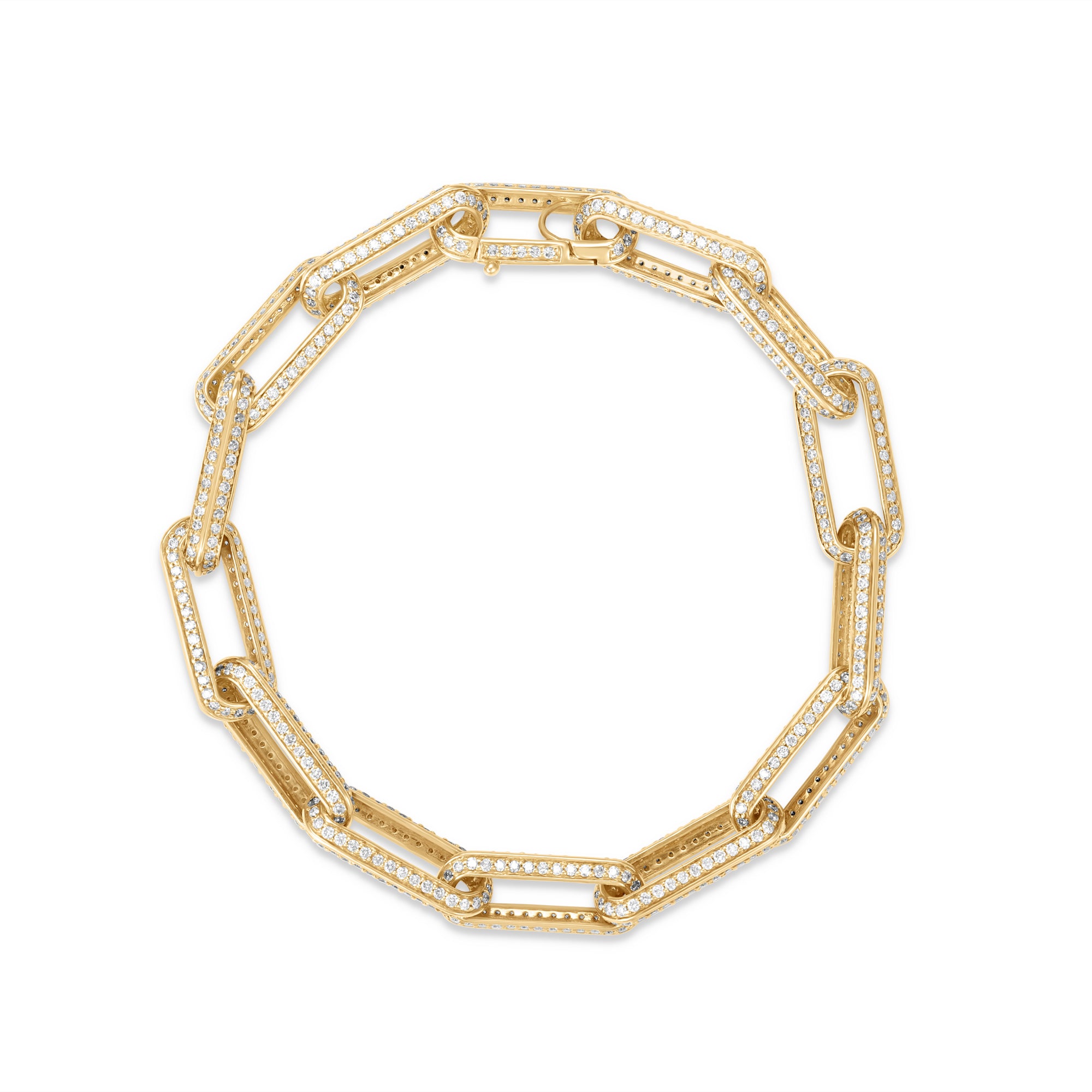 Timeless paperclip bracelet crafted in 14K yellow gold, featuring oblong links adorned with sparkling pavé diamonds, perfect for adding elegance to any outfit.