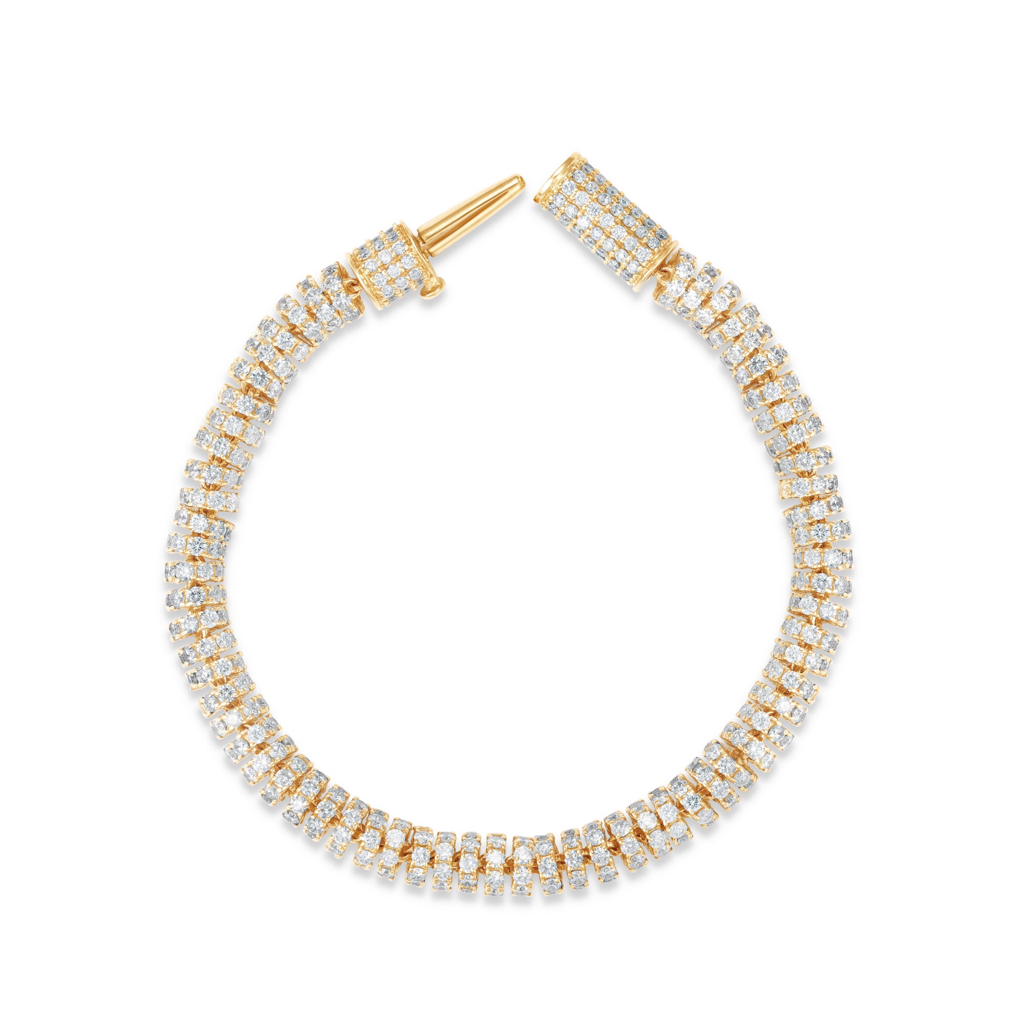Versatile slinky bracelet crafted in 14K yellow gold, featuring dazzling diamond rondelles in pavé settings, offering timeless elegance and the perfect gift option. Open clasp top down / side image