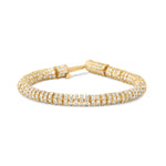 Versatile slinky bracelet crafted in 14K yellow gold, featuring dazzling diamond rondelles in pavé settings, offering timeless elegance and the perfect gift option. Open clasp, close up front image