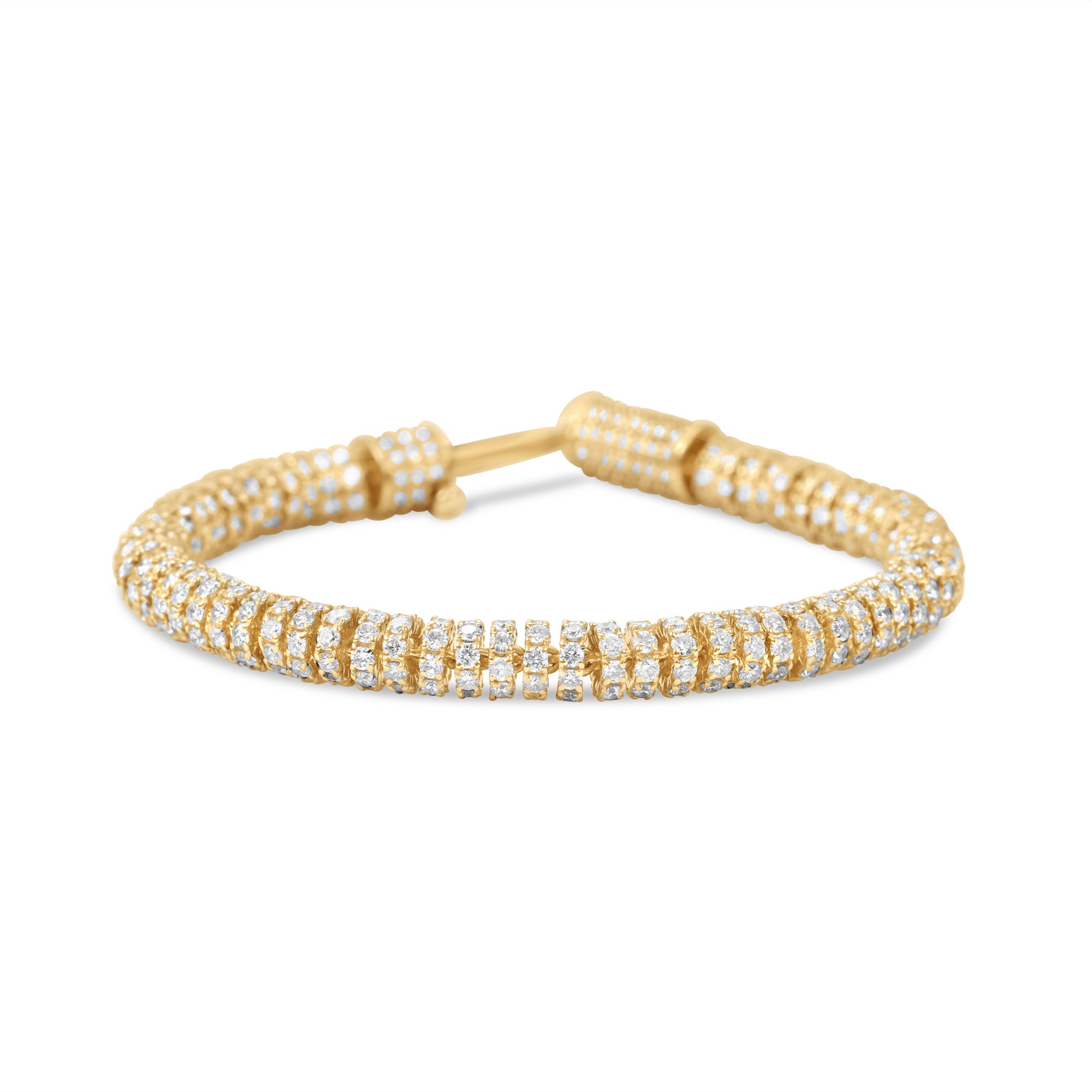 Versatile slinky bracelet crafted in 14K yellow gold, featuring dazzling diamond rondelles in pavé settings, offering timeless elegance and the perfect gift option. Open clasp, close up front image