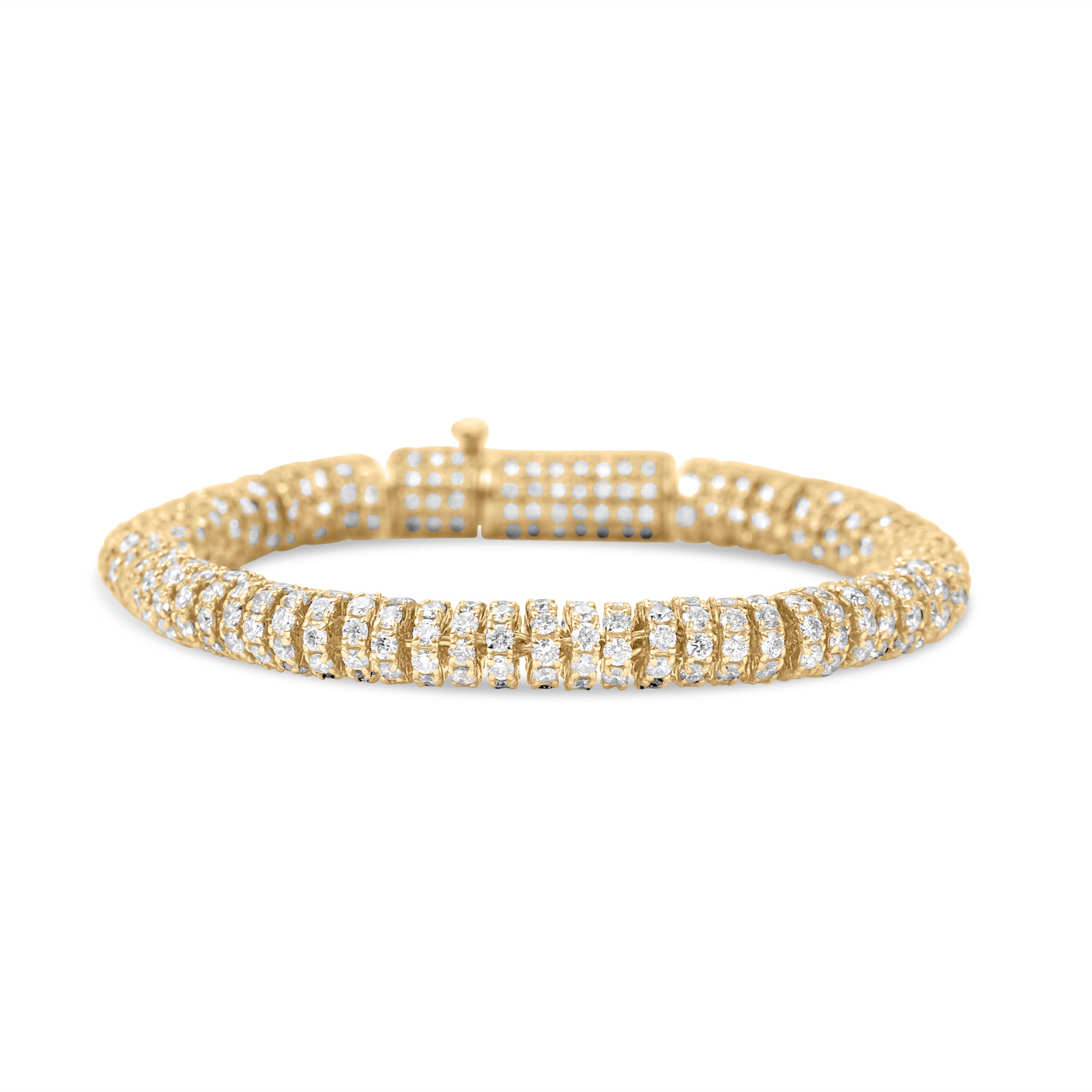Versatile slinky bracelet crafted in 14K yellow gold, featuring dazzling diamond rondelles in pavé settings, offering timeless elegance and the perfect gift option. Closed clasp close up front image