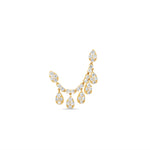 Stunning double post stud huggie earrings crafted in 14K yellow gold, featuring pear-shaped gold bead drops inlaid with sparkling pavé diamonds, creating a graceful cascade of brilliance for refined luxury. Close up front. 