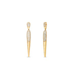 Sleek 14K yellow gold spike dangle earrings featuring shimmering pavé and scattered diamonds, offering a bold yet sophisticated accessory with an elegant edge. Front and Side angle. 