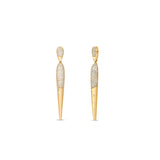 Sleek 14K yellow gold spike dangle earrings featuring shimmering pavé and scattered diamonds, offering a bold yet sophisticated accessory with an elegant edge. Front and Side angle. 
