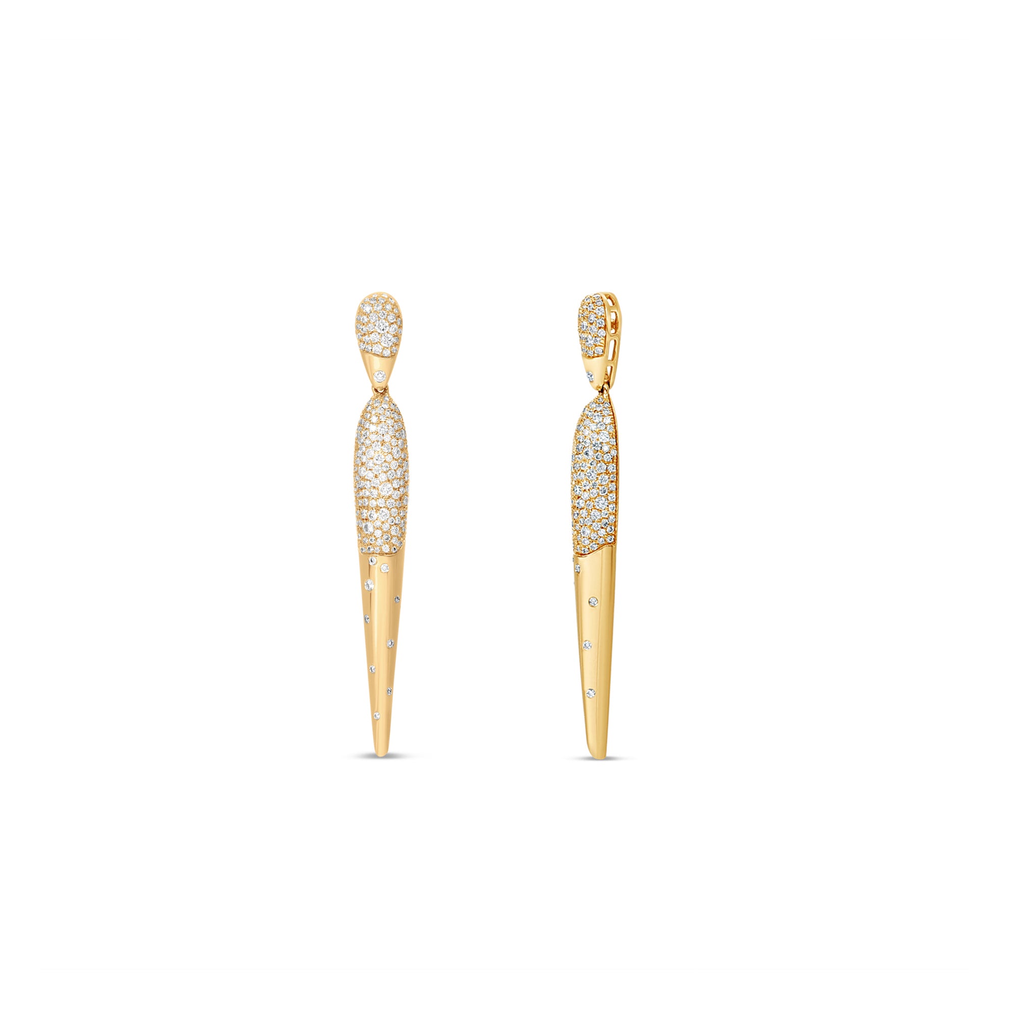 Sleek 14K yellow gold spike dangle earrings featuring shimmering pavé and scattered diamonds, offering a bold yet sophisticated accessory with an elegant edge. Front and Side angle. 