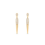 Sleek 14K yellow gold spike dangle earrings featuring shimmering pavé and scattered diamonds, offering a bold yet sophisticated accessory with an elegant edge. Front view 