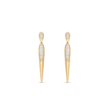 Sleek 14K yellow gold spike dangle earrings featuring shimmering pavé and scattered diamonds, offering a bold yet sophisticated accessory with an elegant edge. Front view 