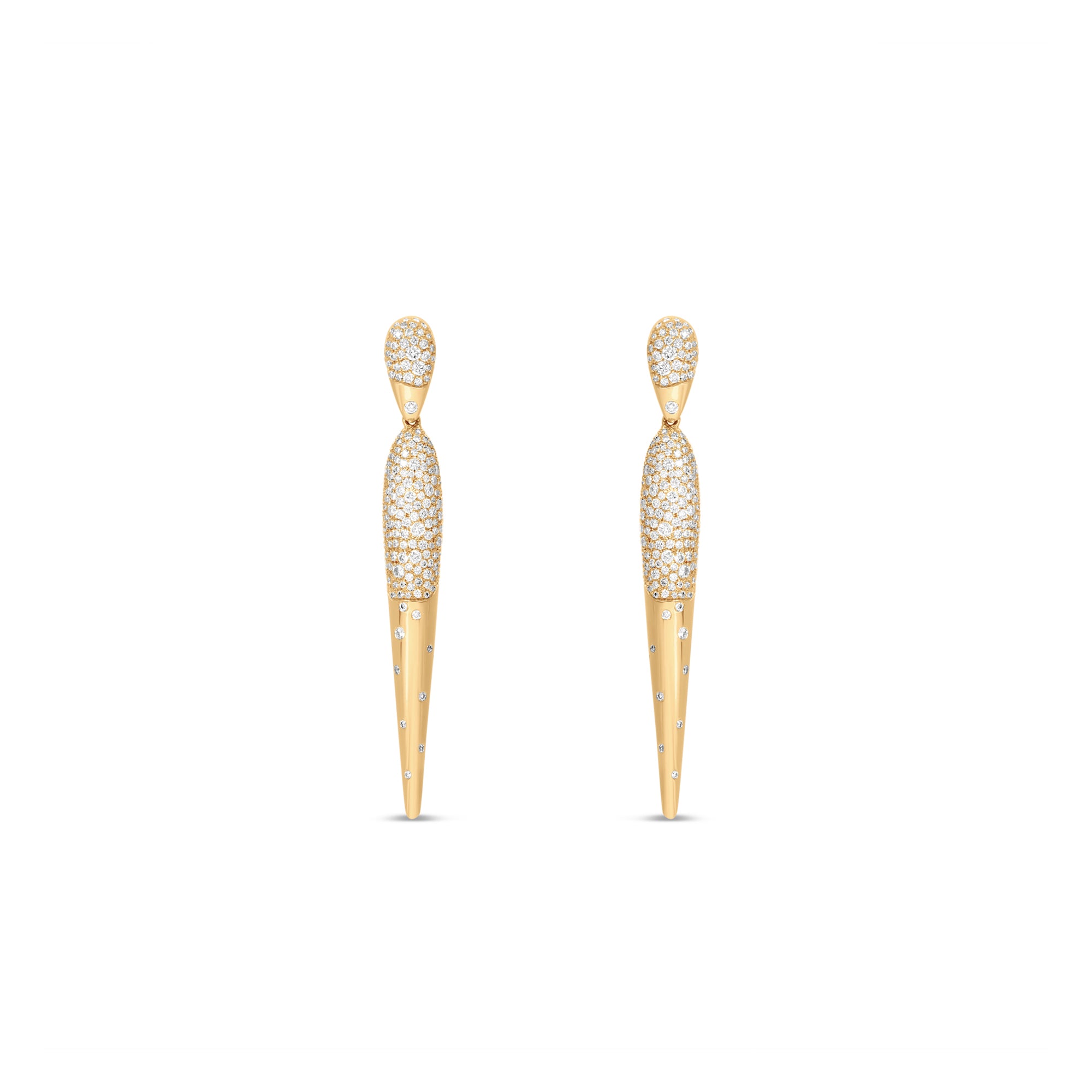 Sleek 14K yellow gold spike dangle earrings featuring shimmering pavé and scattered diamonds, offering a bold yet sophisticated accessory with an elegant edge. Front view 