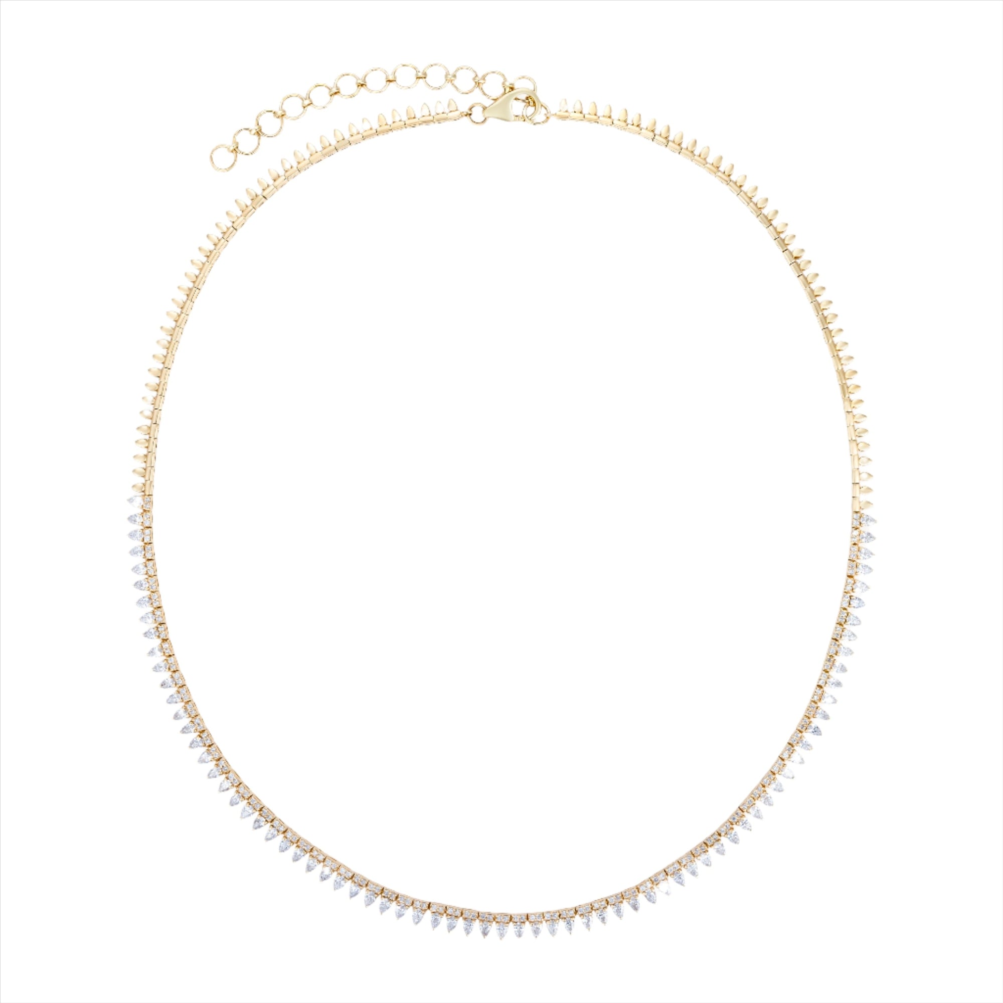 Adjustable 14K yellow gold tennis necklace featuring 3.13ct of G-H VS diamonds in a mix of pear and round cuts, finished with gold beads and adjustable from 15 to 18 inches.