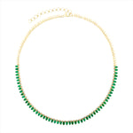 Adjustable 14K yellow gold tennis necklace featuring 9.5ct of pear-shaped emeralds, 1.29ct of round diamonds, and finished with elegant gold beads. Total weight: 28g. Length adjustable from 15 to 18 inches—a refined blend of color and sparkle.