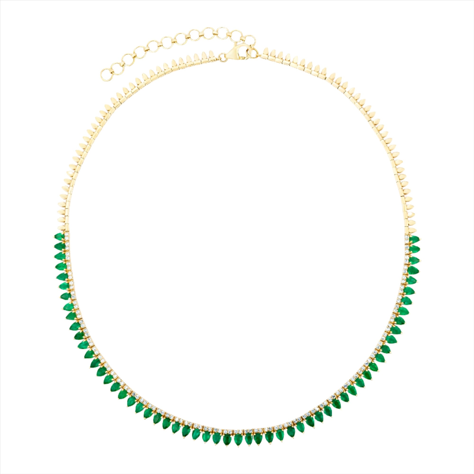 Adjustable 14K yellow gold tennis necklace featuring 9.5ct of pear-shaped emeralds, 1.29ct of round diamonds, and finished with elegant gold beads. Total weight: 28g. Length adjustable from 15 to 18 inches—a refined blend of color and sparkle.