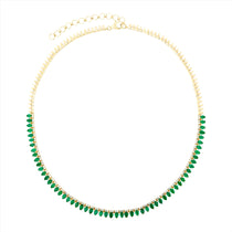 Adjustable 14K yellow gold tennis necklace featuring 9.5ct of pear-shaped emeralds, 1.29ct of round diamonds, and finished with elegant gold beads. Total weight: 28g. Length adjustable from 15 to 18 inches—a refined blend of color and sparkle.
