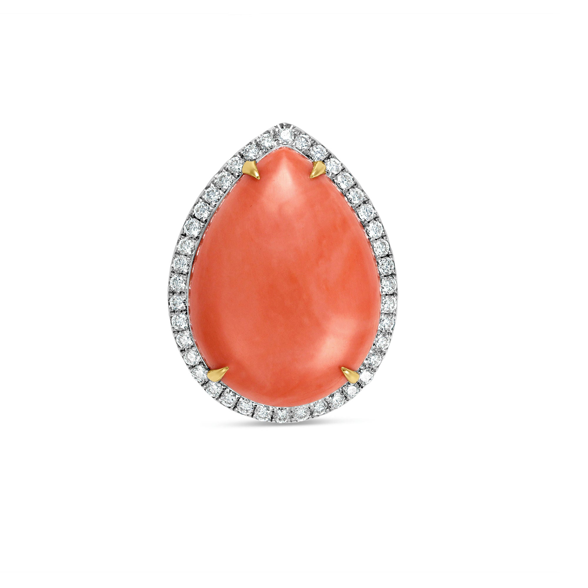 Stunning 18K yellow gold statement ring featuring a captivating pear-shaped coral cabochon, elegantly framed by a halo of brilliant diamonds, blending natural warmth with luxurious sparkle. Front view of stones. 