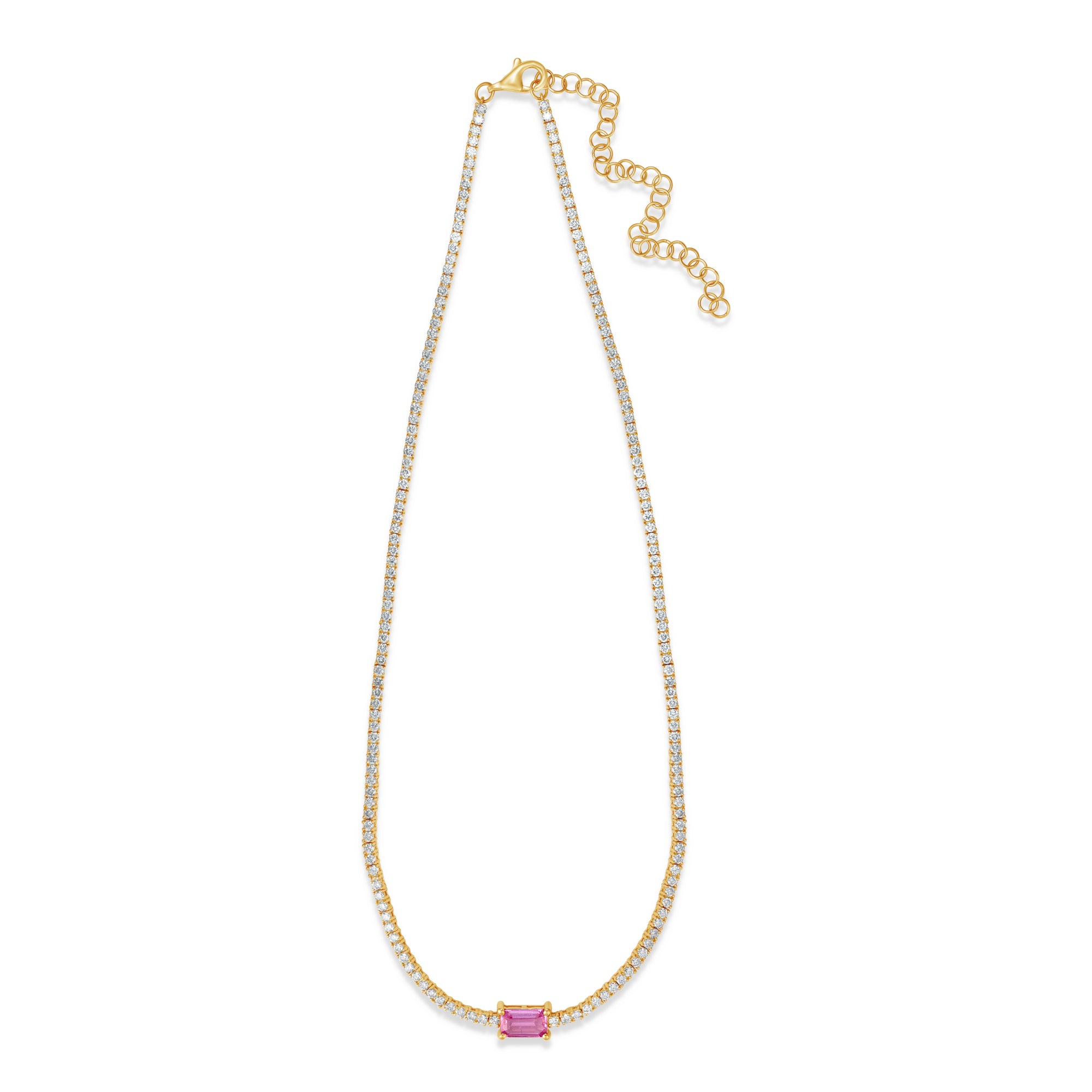Stunning 14K yellow gold tennis necklace featuring a vibrant emerald-cut pink sapphire centerpiece framed by brilliant diamonds, offering a sophisticated blend of luxury and charm. 