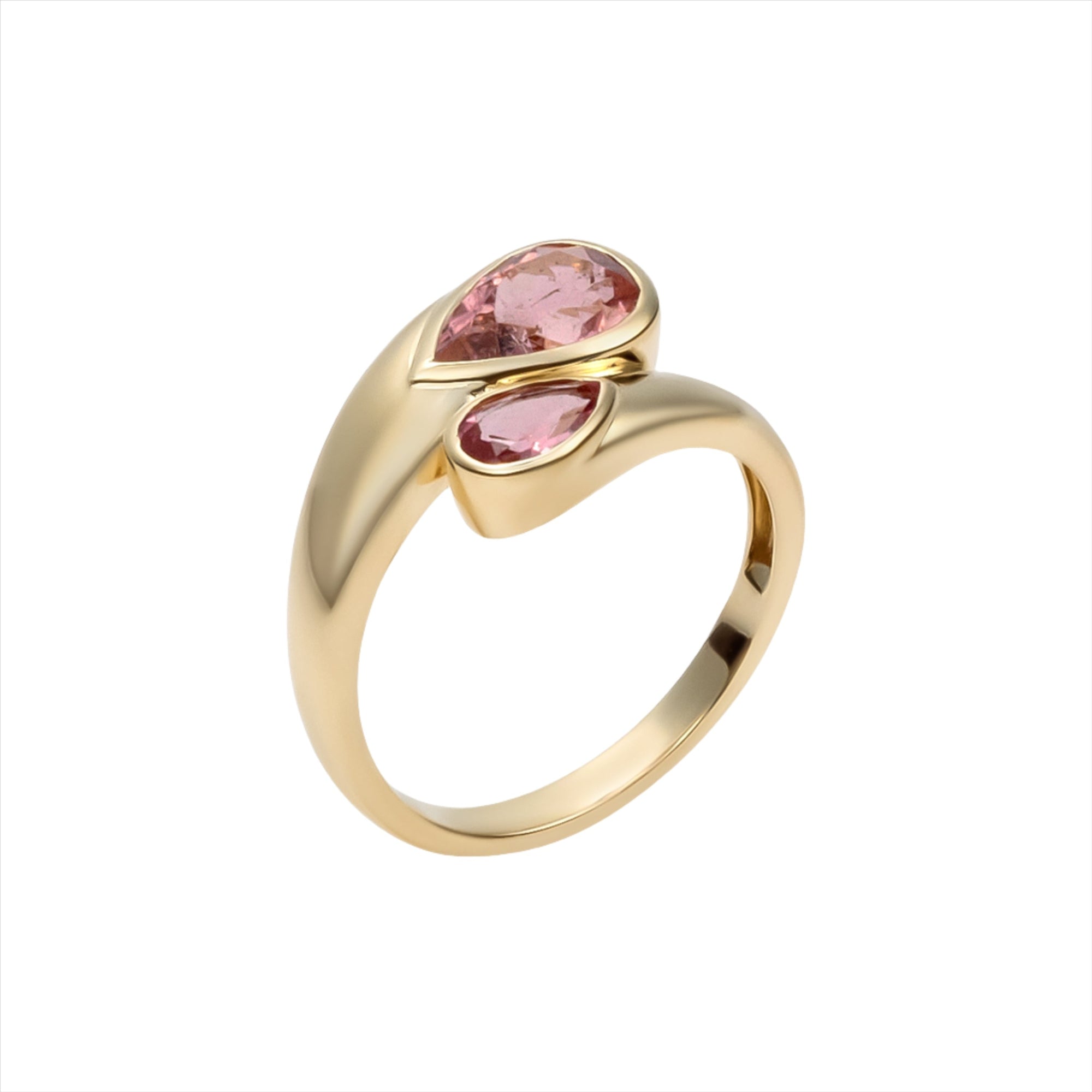 Chic 14K yellow gold bypass ring featuring two vibrant pear-shaped pink tourmalines totaling 1.45ct, designed with a graceful silhouette for a modern pop of color.