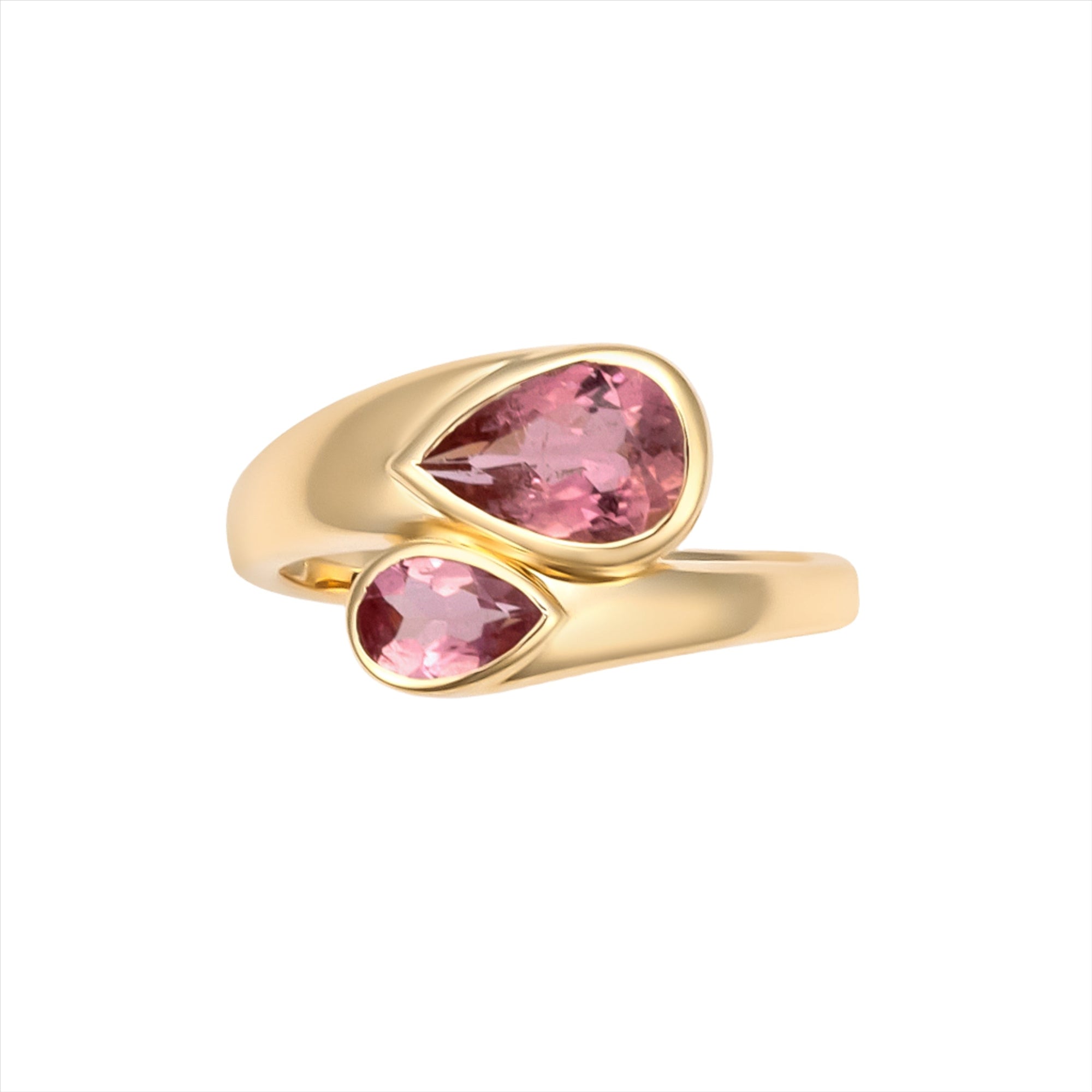 Chic 14K yellow gold bypass ring featuring two vibrant pear-shaped pink tourmalines totaling 1.45ct, designed with a graceful silhouette for a modern pop of color.