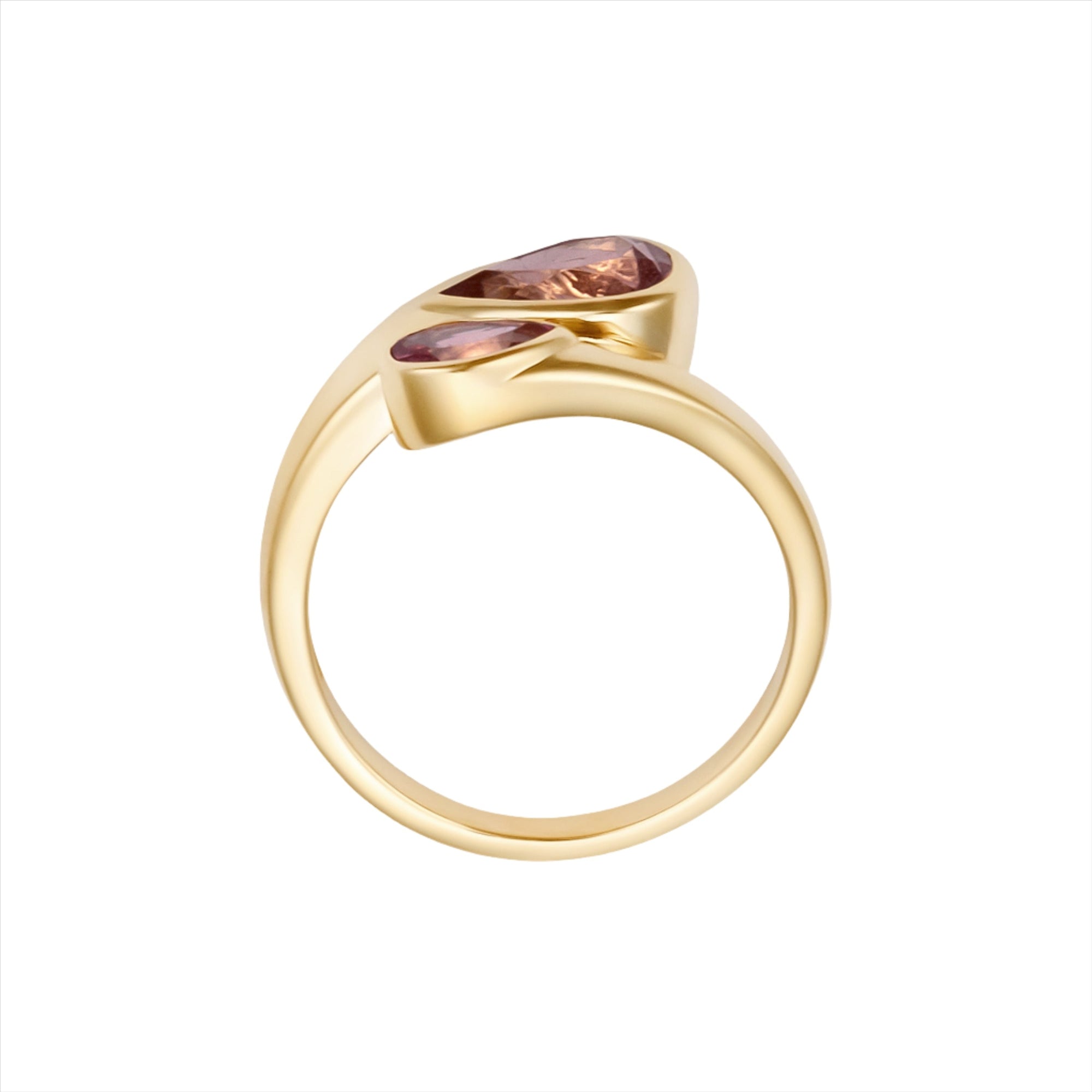 Chic 14K yellow gold bypass ring featuring two vibrant pear-shaped pink tourmalines totaling 1.45ct, designed with a graceful silhouette for a modern pop of color.