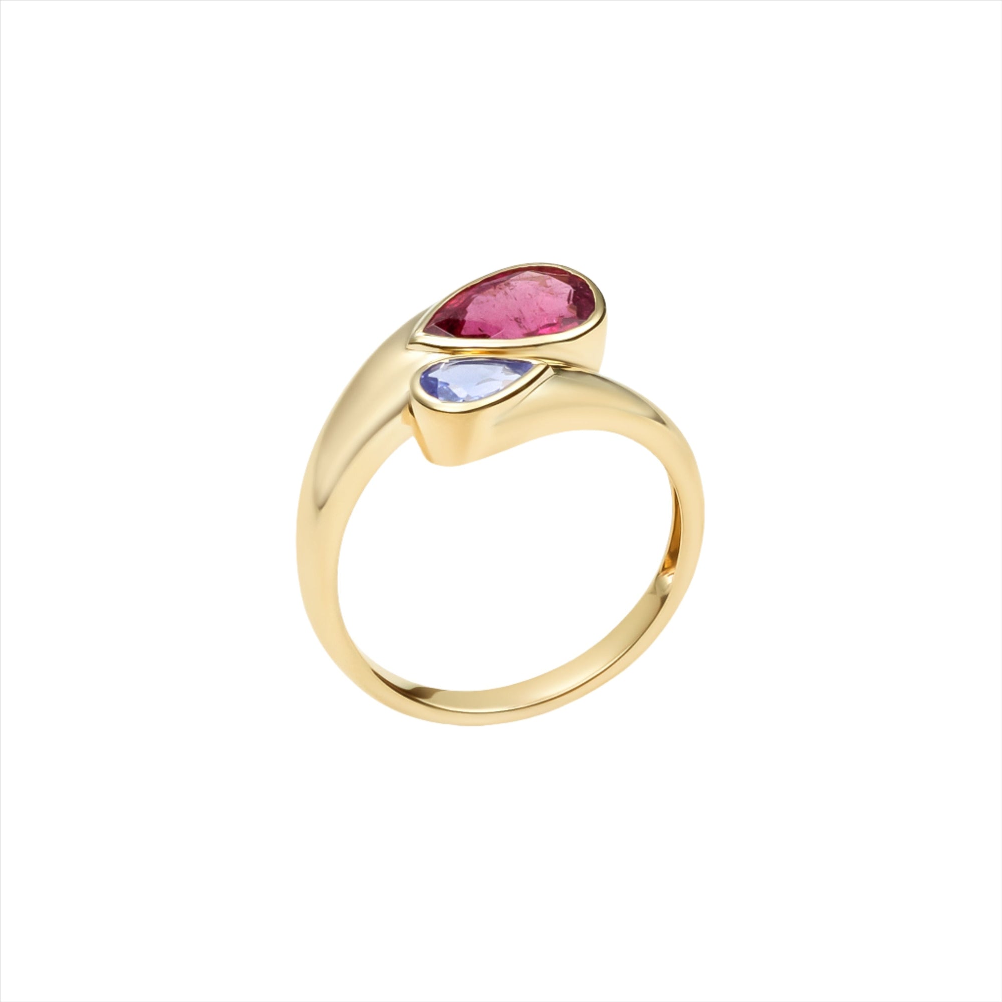 Elegant 14K yellow gold bypass ring featuring a vibrant 1.4ct pink tourmaline and a striking 0.5ct iolite gemstone, offering a bold yet graceful contrast of color and design.