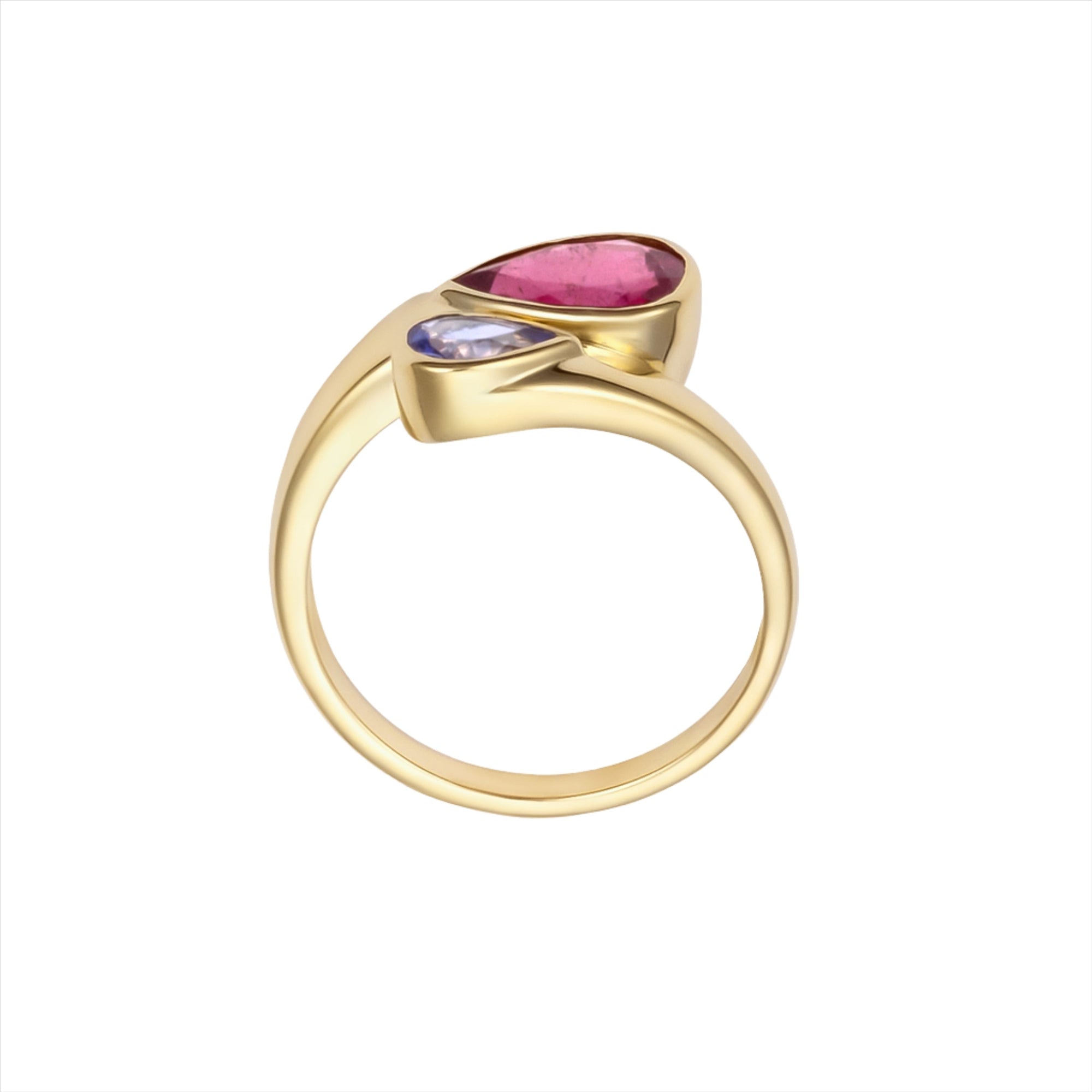 Elegant 14K yellow gold bypass ring featuring a vibrant 1.4ct pink tourmaline and a striking 0.5ct iolite gemstone, offering a bold yet graceful contrast of color and design.