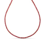 Exquisite 14K yellow gold tennis necklace featuring captivating pink tourmalines, celebrated for their romantic hue and timeless elegance, perfect for adding a touch of luxury and color to any look." Close UP 